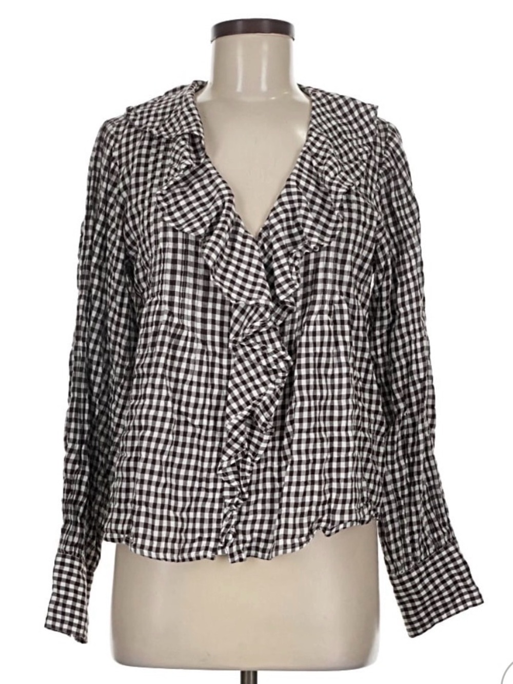 Madewell Brown and White Gingham Ruffle Button-Down Blouse